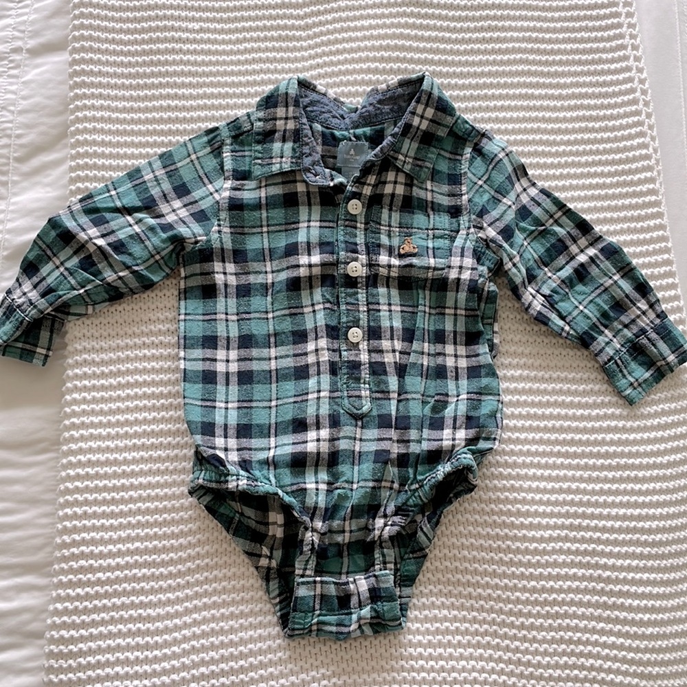 Baby Gap Navy White + Teal Flannel Dress Shirt 12-18 mos.